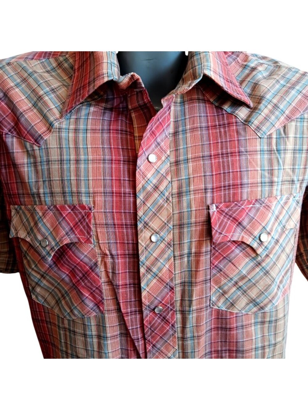 True Vintage Western Shirt Medium 1980's Mustang Plaid Thin Cowboy Snap Buttons